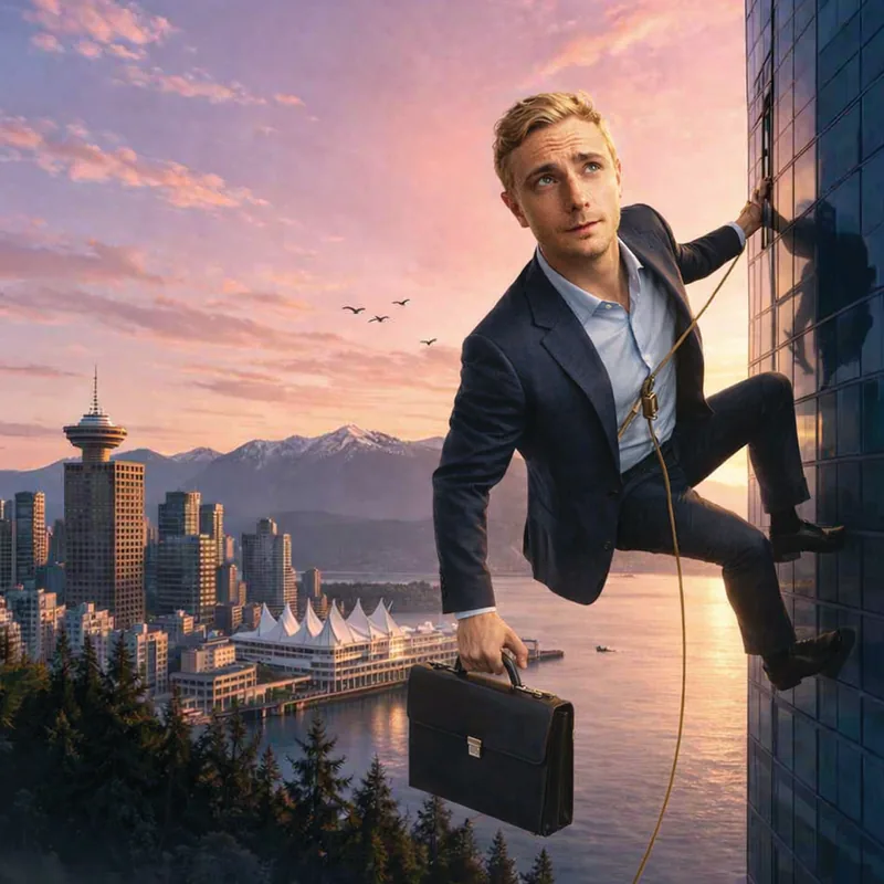 Cam Appleton in a suit with a briefcase, climbing the side of a glass tower in downtown Vancouver at sunset