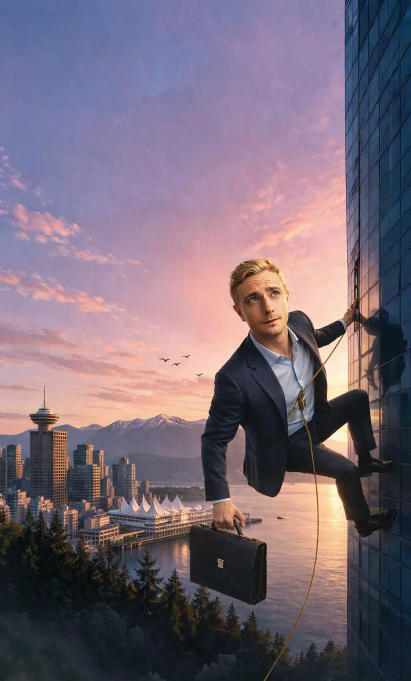 Cam in a suit with his briefcase, climbing a glass tower above Coal Harbour at sunset