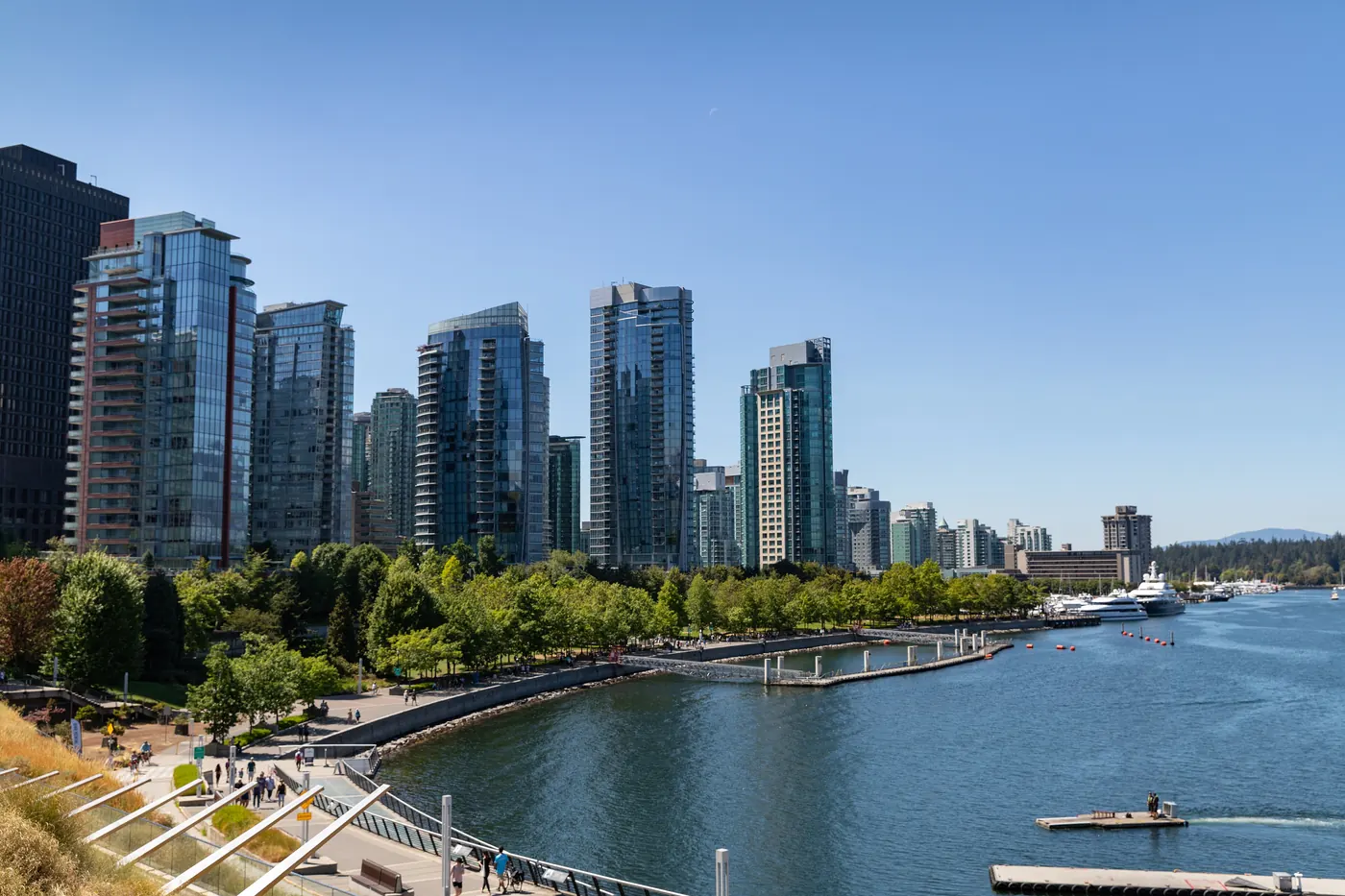 Aerial view of the downtown Vancouver skyline along the harbour