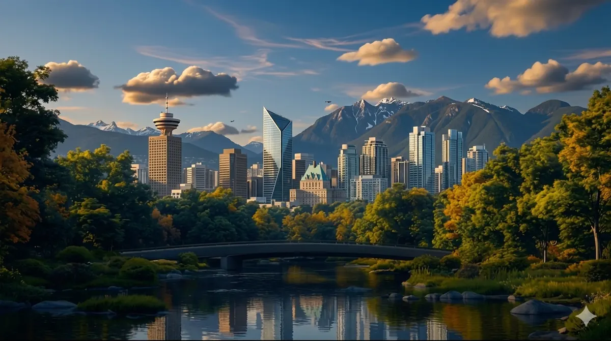 Painting of the Vancouver skyline over a lagoon with a stone bridge and mountains behind