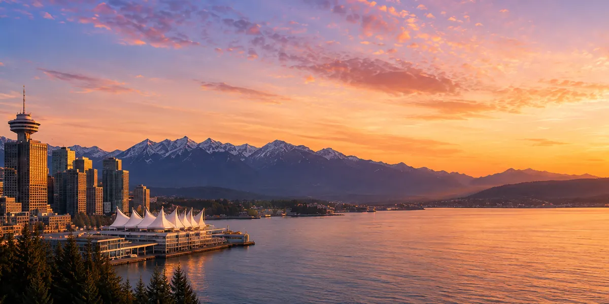 Canada Place and the downtown Vancouver waterfront under a sunset sky