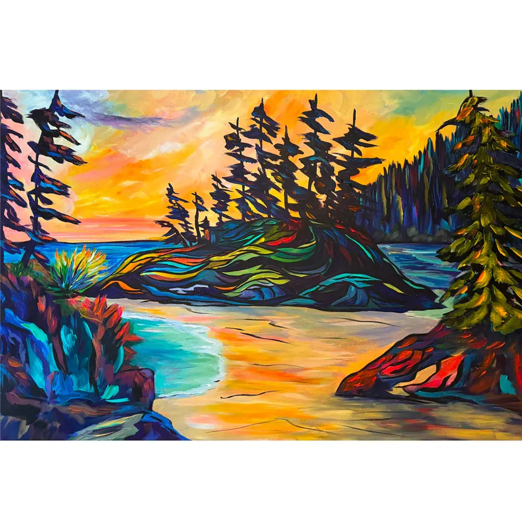 Colourful painting of a BC coastal cove with tall evergreens at sunset