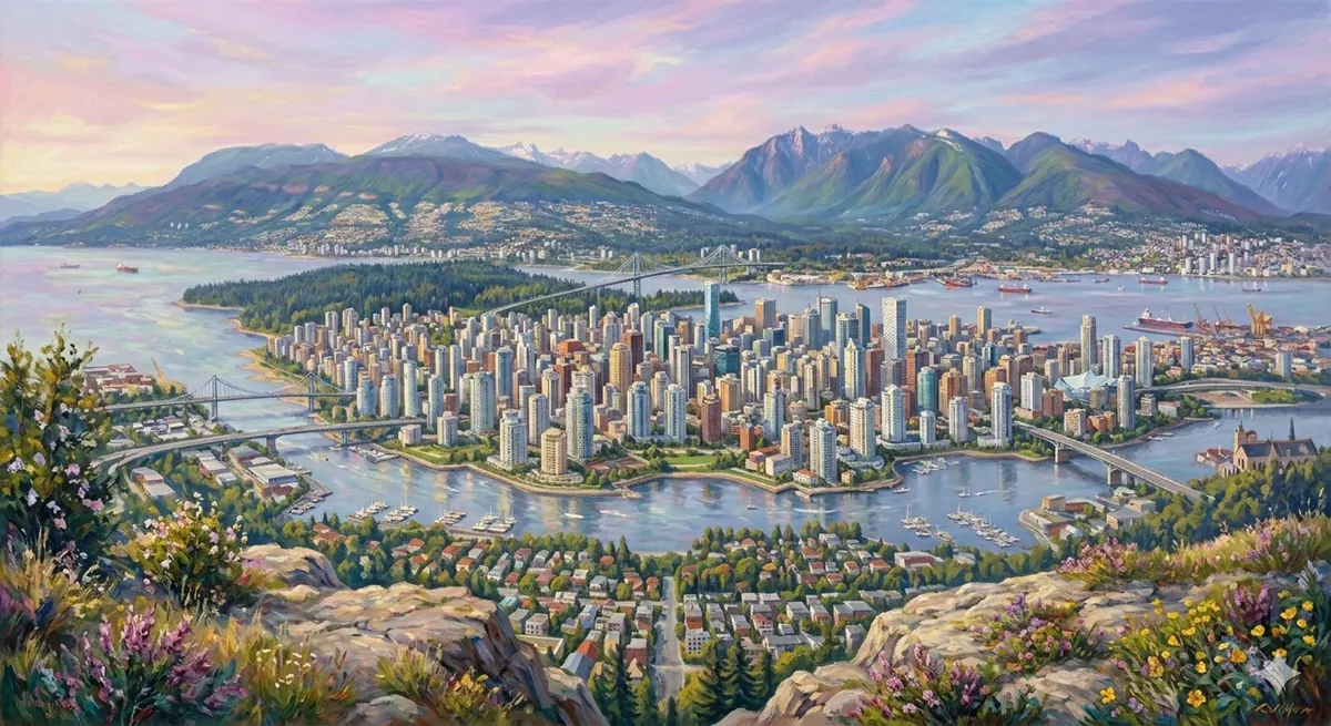 Impressionist painting of Vancouver from above, with the harbour and North Shore mountains