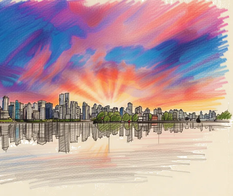 Watercolour sketch of Vancouver towers reflected in the water