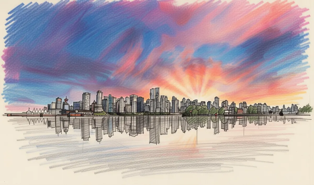 Watercolour of the Vancouver skyline reflected in the water at sunrise