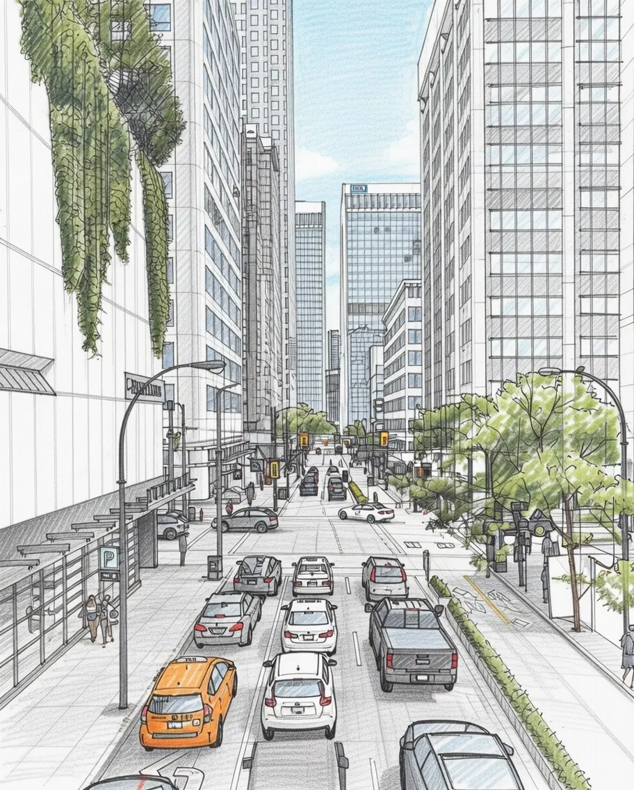 Sketch of a downtown Vancouver street with towers, trees and traffic
