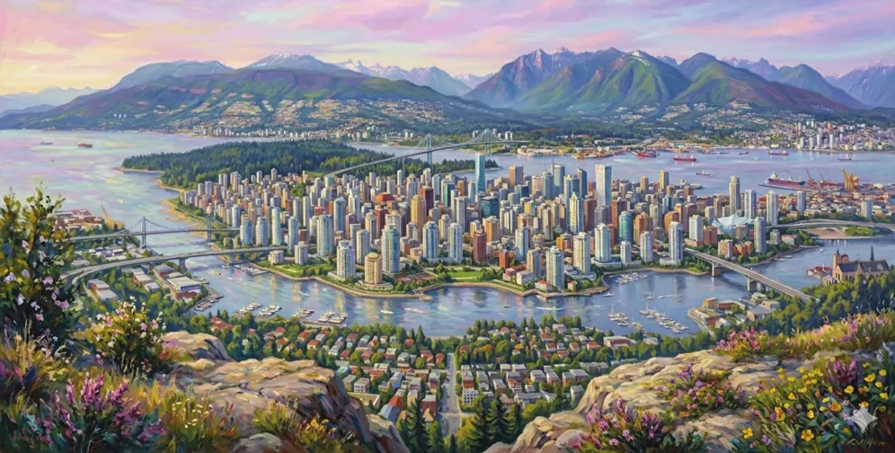 Painted panorama of Vancouver from the North Shore: downtown, Stanley Park, the Lions Gate Bridge and the mountains at sunset