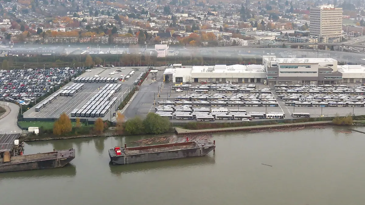 Industrial buildings and yards along the Fraser River seen from the air