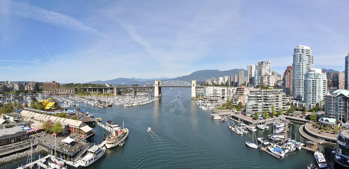 Panorama of False Creek, its marinas and the towers around it