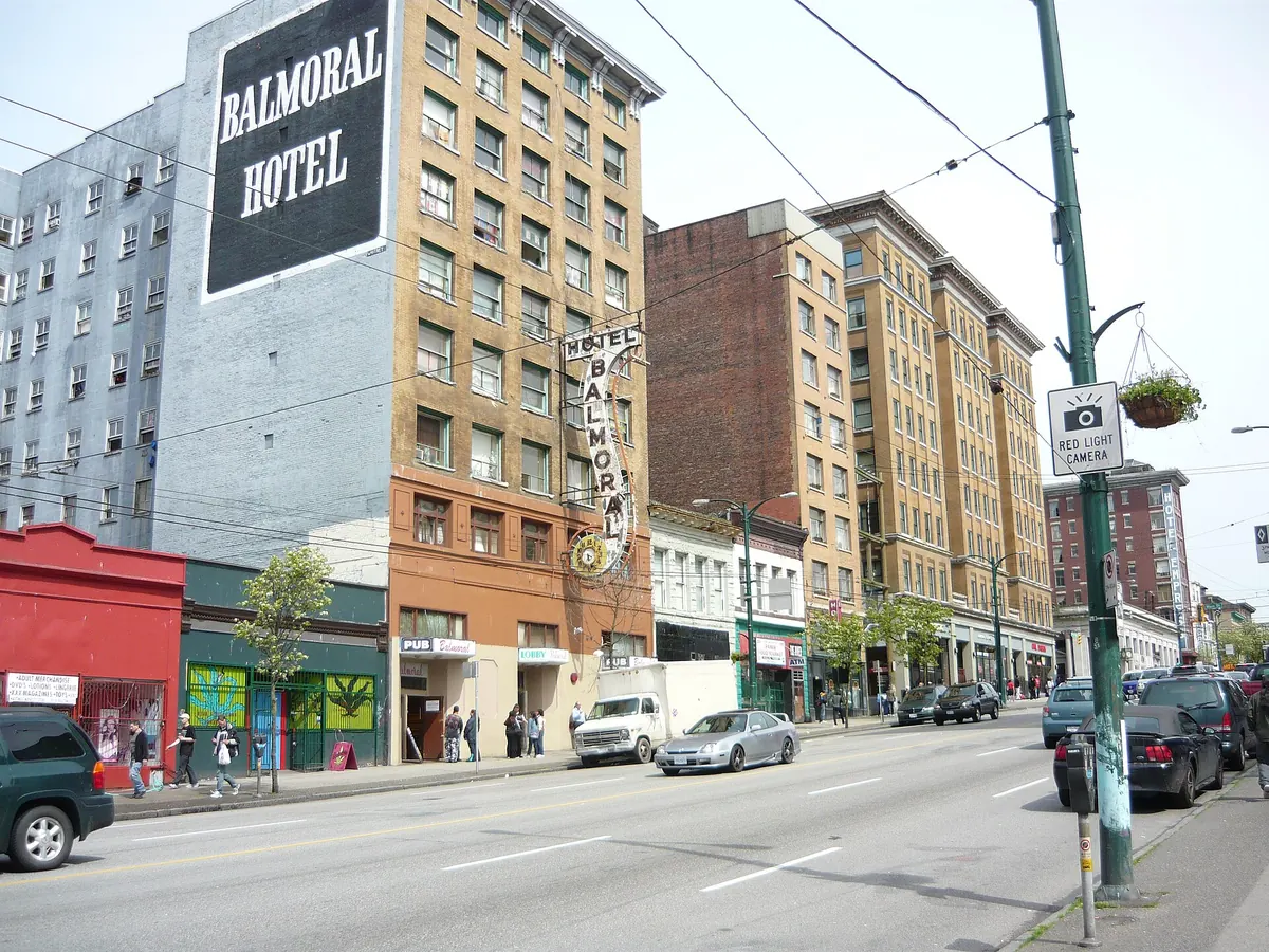 Shops and older commercial buildings along East Hastings Street